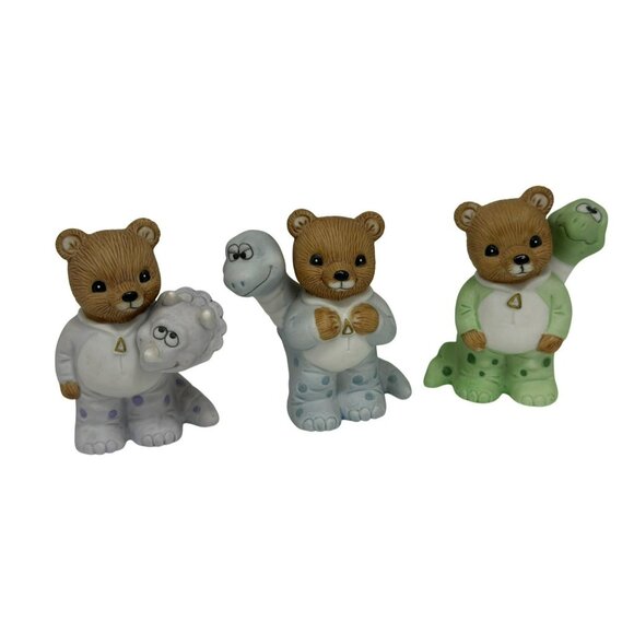 HOMCO VTG Teddy Bear Figurines – Set of 3 Porcelain Bears Dinosaur Pajamas 2.75" - Picture 1 of 7
